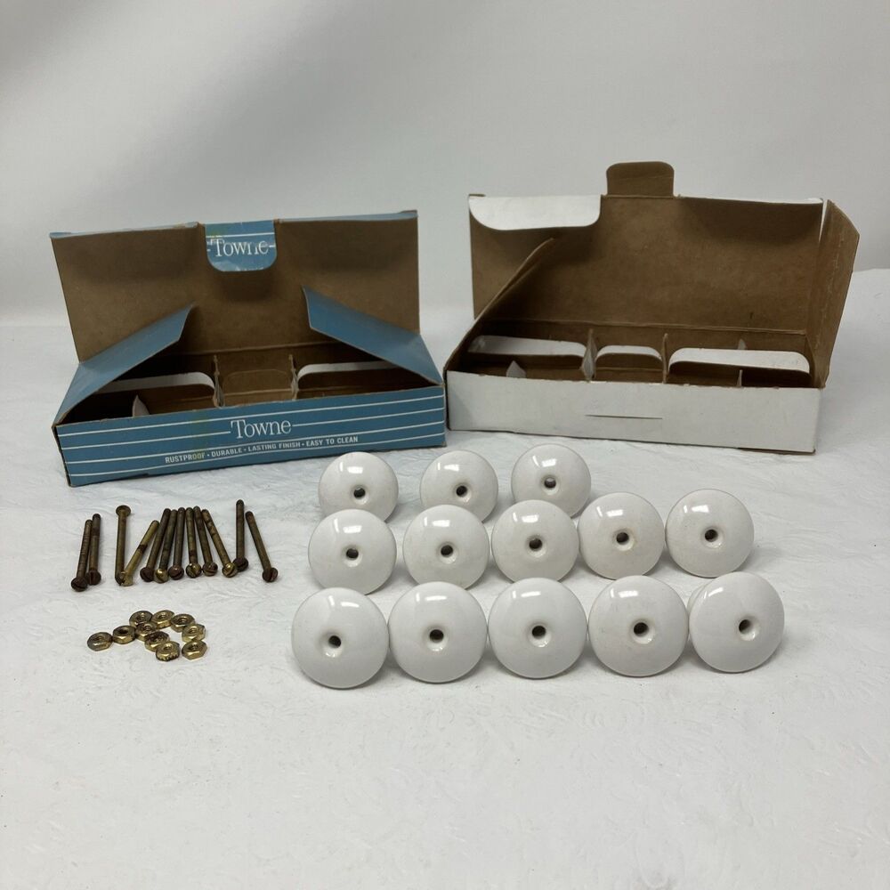 13 Towne White Porcelain Ceramic Cabinet  Drawer Knob Handle 1-3/8” VTG 130P